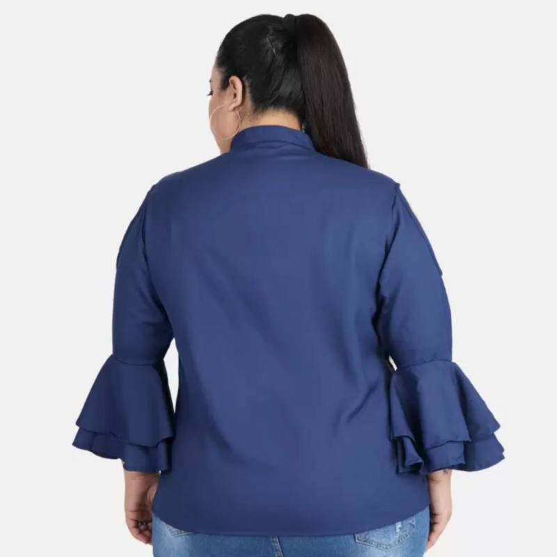 Generic Women's Casual Bell Sleeve Solid Blue Top (Color:Blue, Material:Crepe) - Image 6