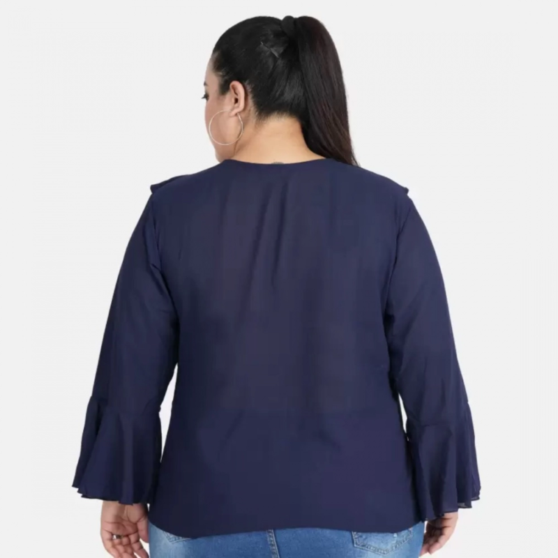 Generic Women's Casual Bell Sleeve Solid Blue Top (Color:Blue, Material:Georgette) - Image 3