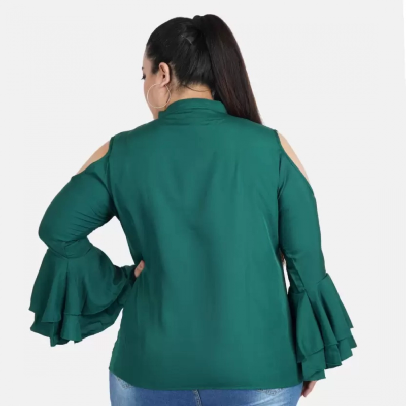 Generic Women's Casual Bell Sleeve Solid Green Top (Color:Green, Material:Crepe) - Image 5