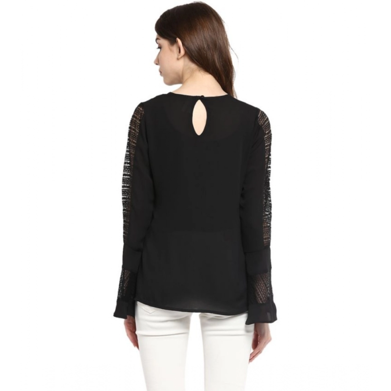 Generic Women's Polyester Georgette Self Design Bell Sleeve Regular Top (Black) - Image 7