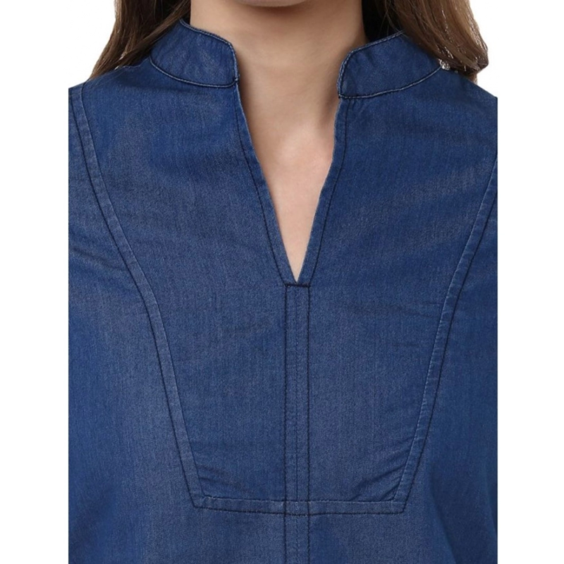 Generic Women's Denim Solid Bell Sleeve Regular Top (Blue Denim) - Image 2