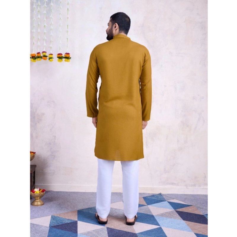Generic Men's Rayon Mirror Embroidery Mandarin Collar Kurta (Yellow) - Image 3