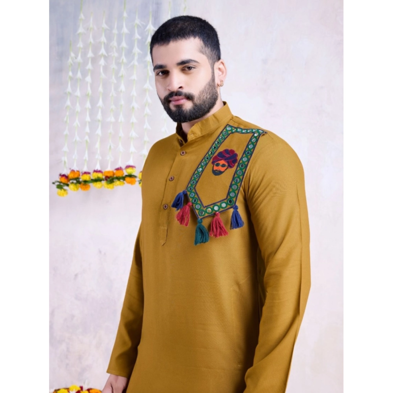 Generic Men's Rayon Mirror Embroidery Mandarin Collar Kurta (Yellow) - Image 4