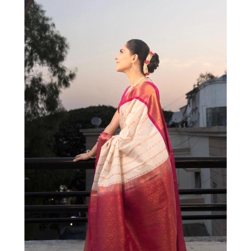 Generic Women's Silk Printed Saree With Unstitched Blouse 5.5Mtr (White-Pink) - Image 3