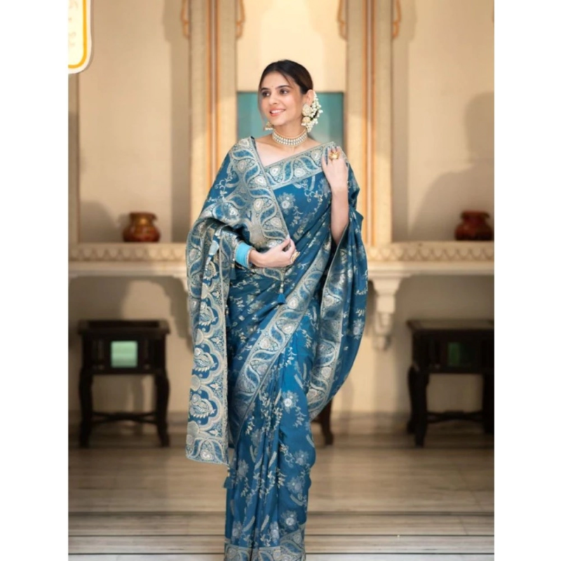 Generic Women's Silk Printed Saree With Unstitched Blouse 5.5Mtr (Teal Blue) - Image 3
