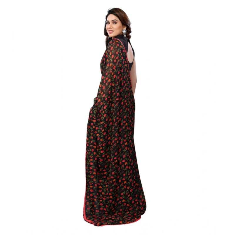 Generic Women's Small Lace Georgette Printed Ready-to-Wear Saree With Unstitched Blouse 5.5 Mtr (Black) - Image 3