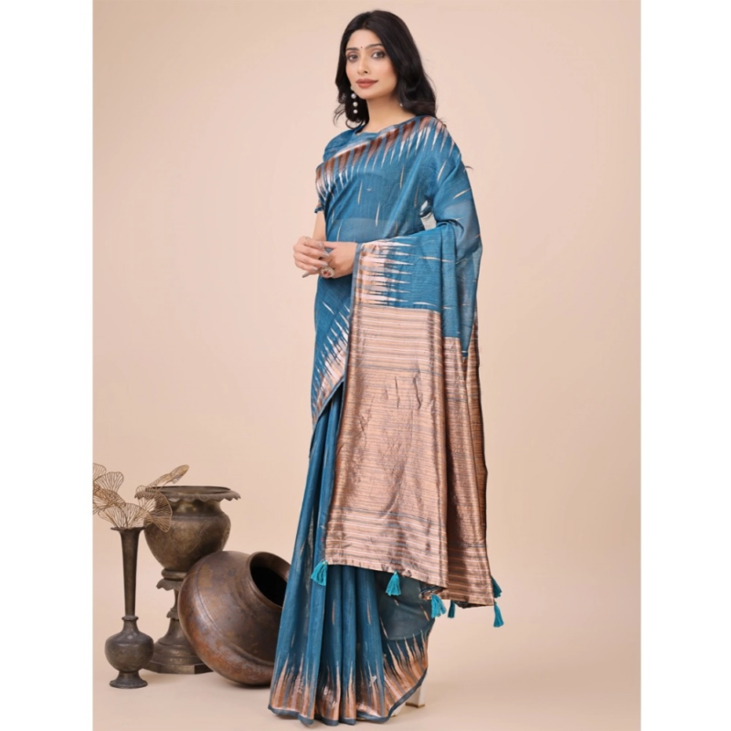 Generic Women's Linen Cotton Wevon Jacquard Saree With Unstitched Blouse 5.5Mtr (Blue) - Image 2
