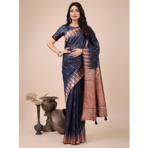Generic Women's Linen Cotton Wevon Jacquard Saree With Unstitched Blouse 5.5Mtr (Navy Blue)
