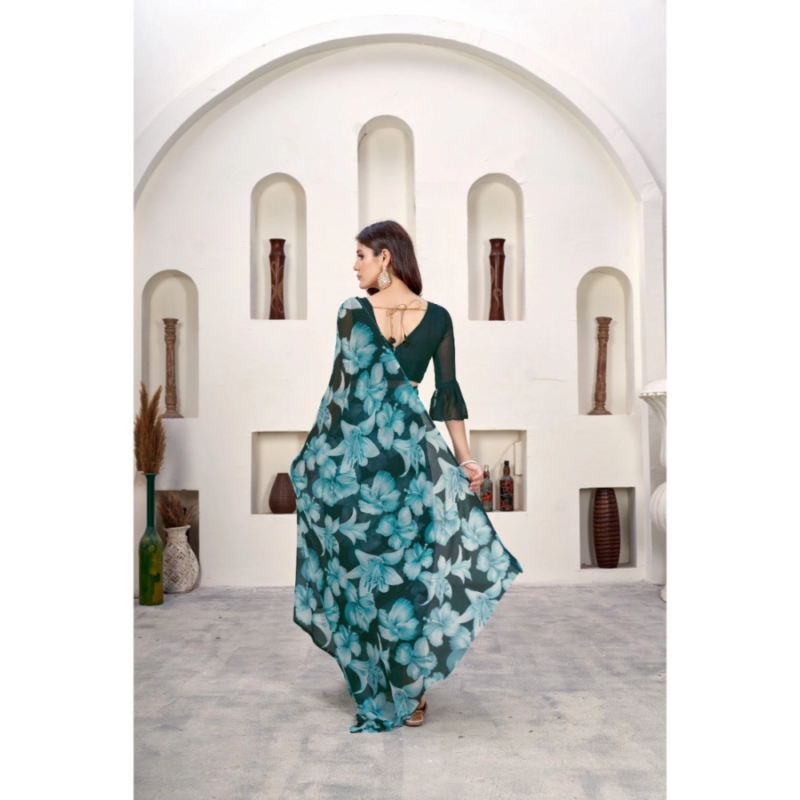 Generic Women's Polyster Printed Saree With Unstitched Blouse 5.5Mtr (Teal) - Image 2