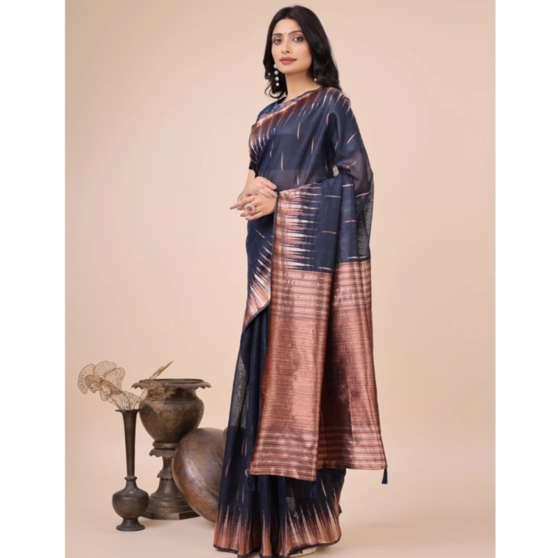Generic Women's Linen Cotton Wevon Jacquard Saree With Unstitched Blouse 5.5Mtr (Navy Blue) - Image 2