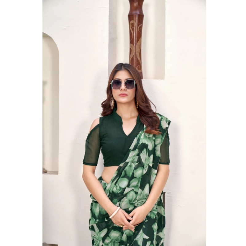 Generic Women's Polyster Printed Saree With Unstitched Blouse 5.5Mtr (Green) - Image 3