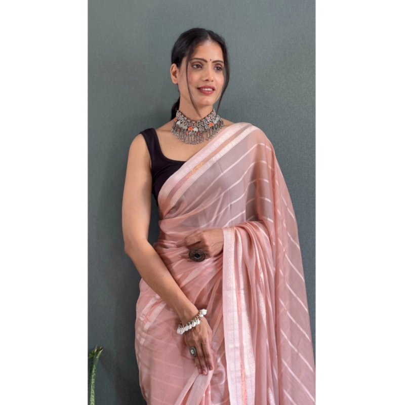 Generic Women's Chiffon Striped Ready to wear Saree With Unstitched Blouse 5.5 Mtr (Peach) - Image 2