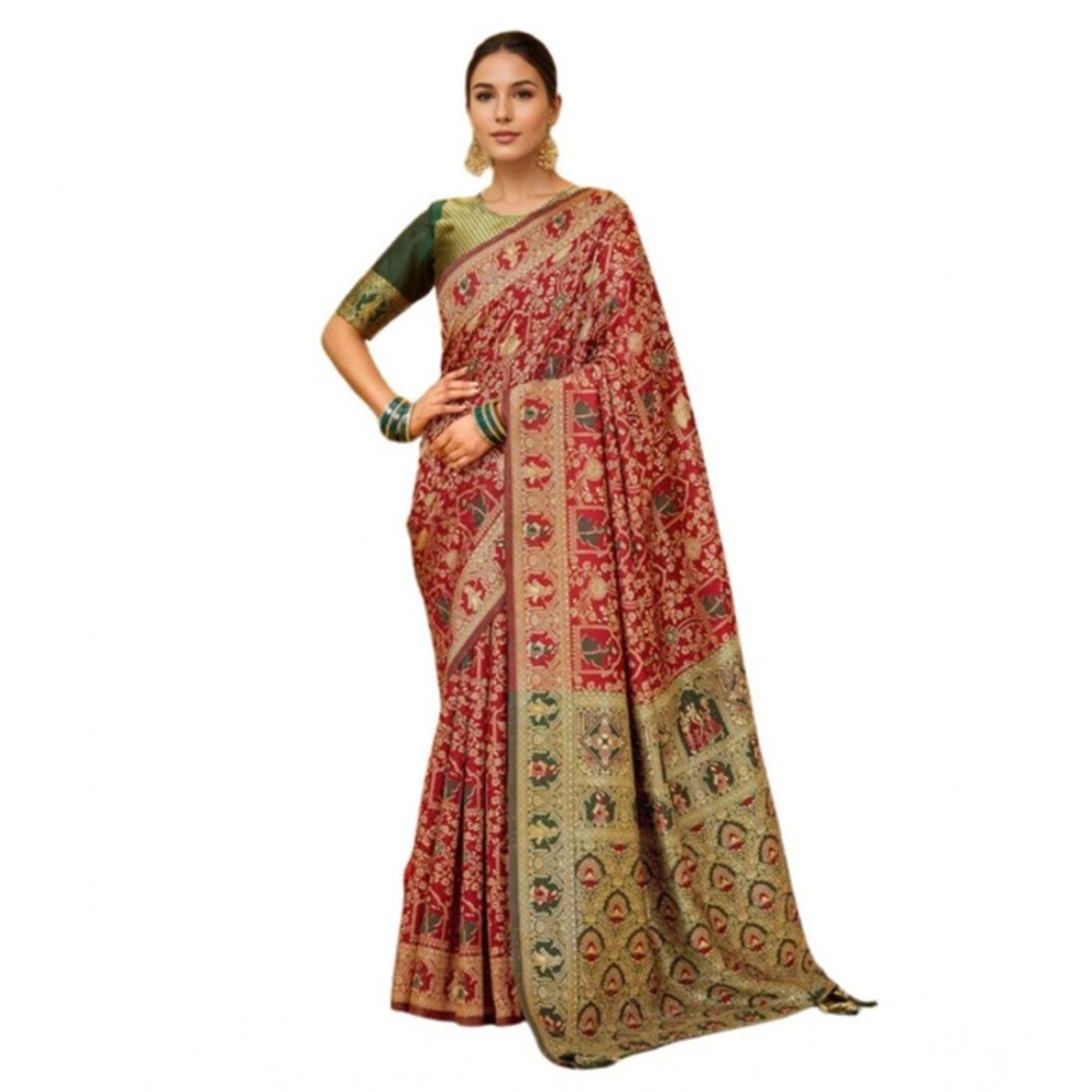 Generic Women's Silk Blend Woven Paithani Saree With Unstitched Blouse 5.5Mtr (Red)