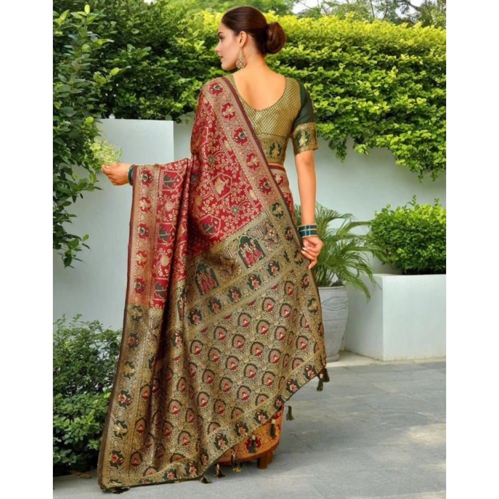 Generic Women's Silk Blend Woven Paithani Saree With Unstitched Blouse 5.5Mtr (Red) - Image 4
