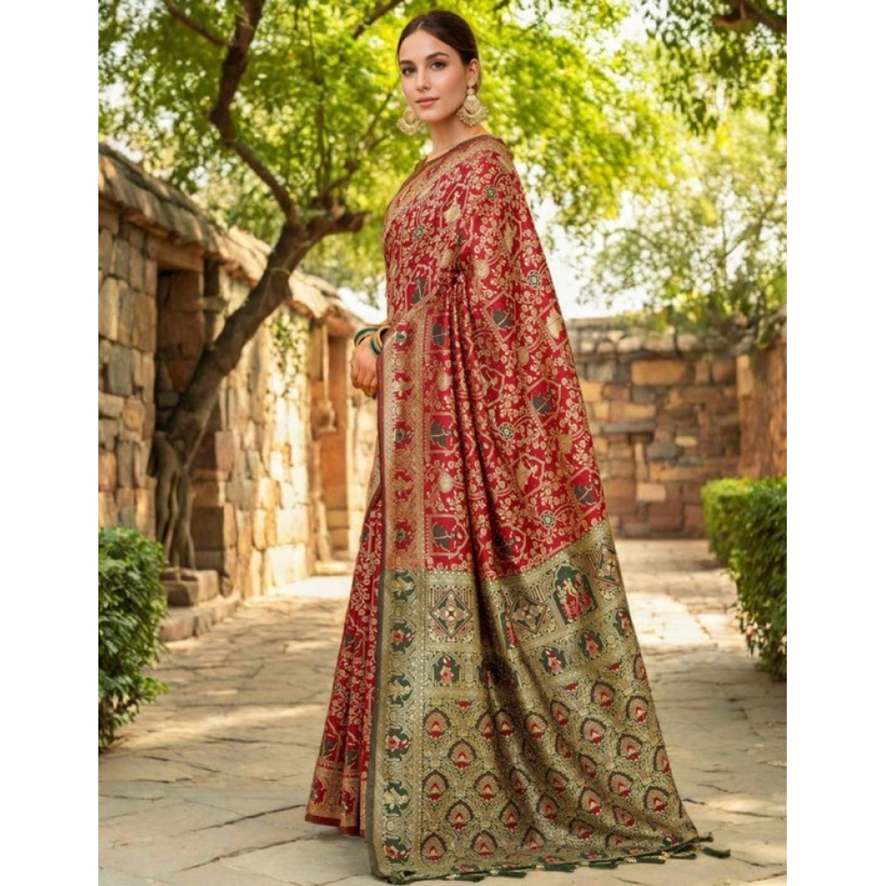 Generic Women's Silk Blend Woven Paithani Saree With Unstitched Blouse 5.5Mtr (Red) - Image 3