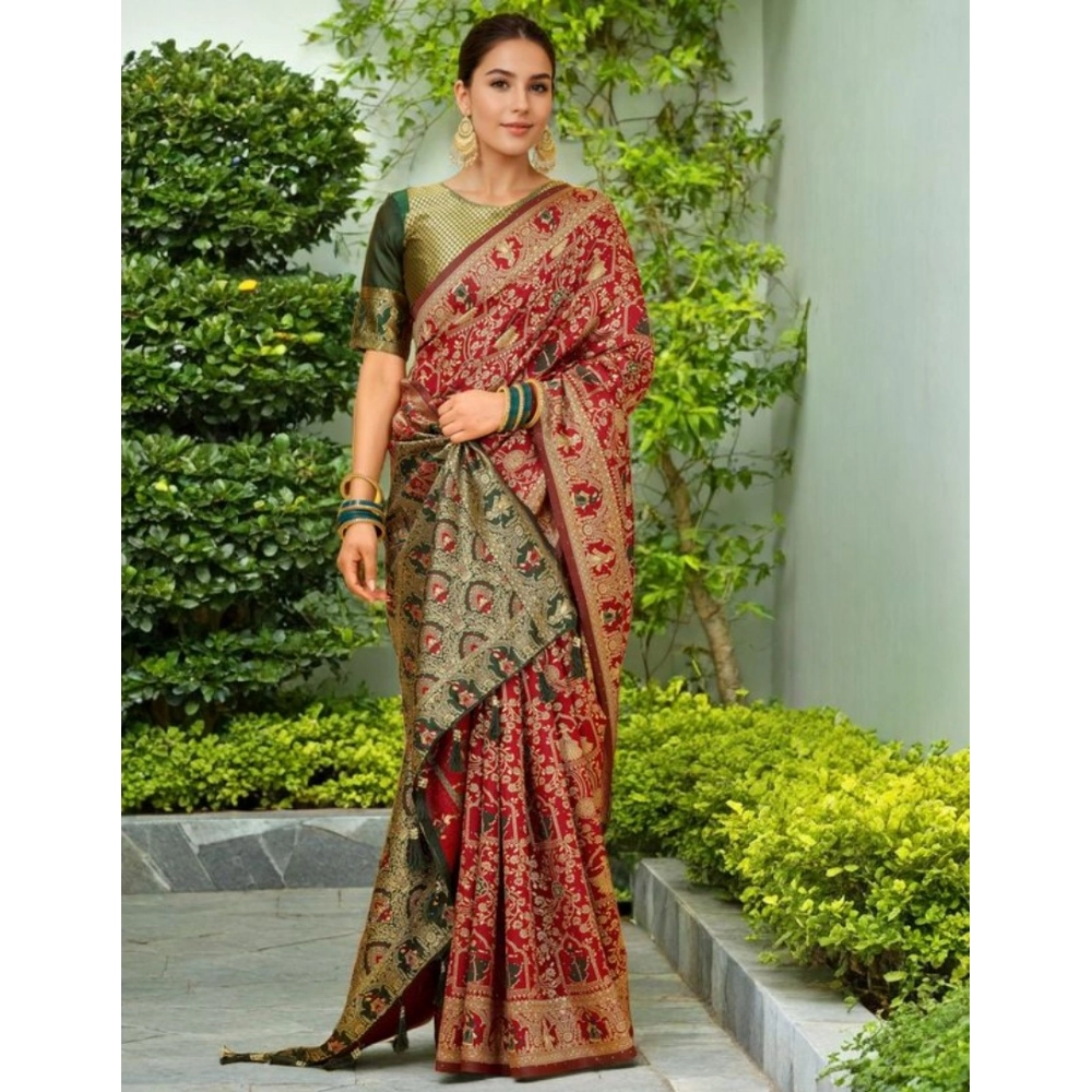 Generic Women's Silk Blend Woven Paithani Saree With Unstitched Blouse 5.5Mtr (Red) - Image 2