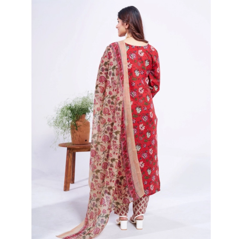 Generic Women's Cotton Blend Printed Kurti With Pant Dupatta Set (Red) - Image 4
