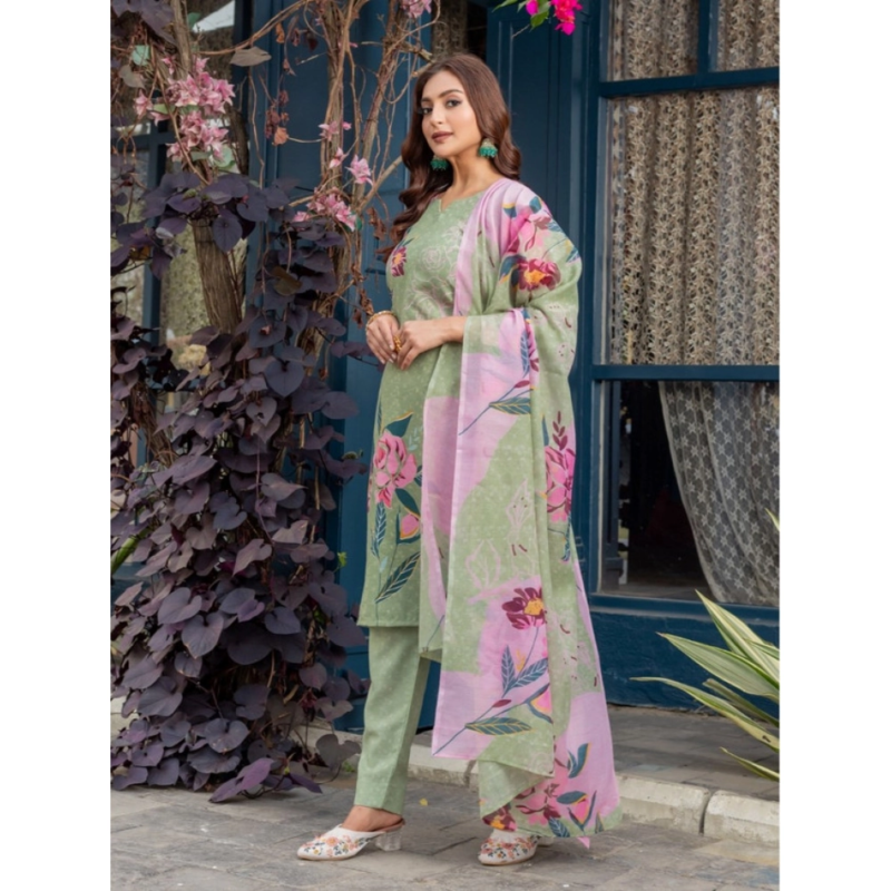 Generic Women's Cotton Blend Printed Kurti With Pant Dupatta Set (Mehendi) - Image 3