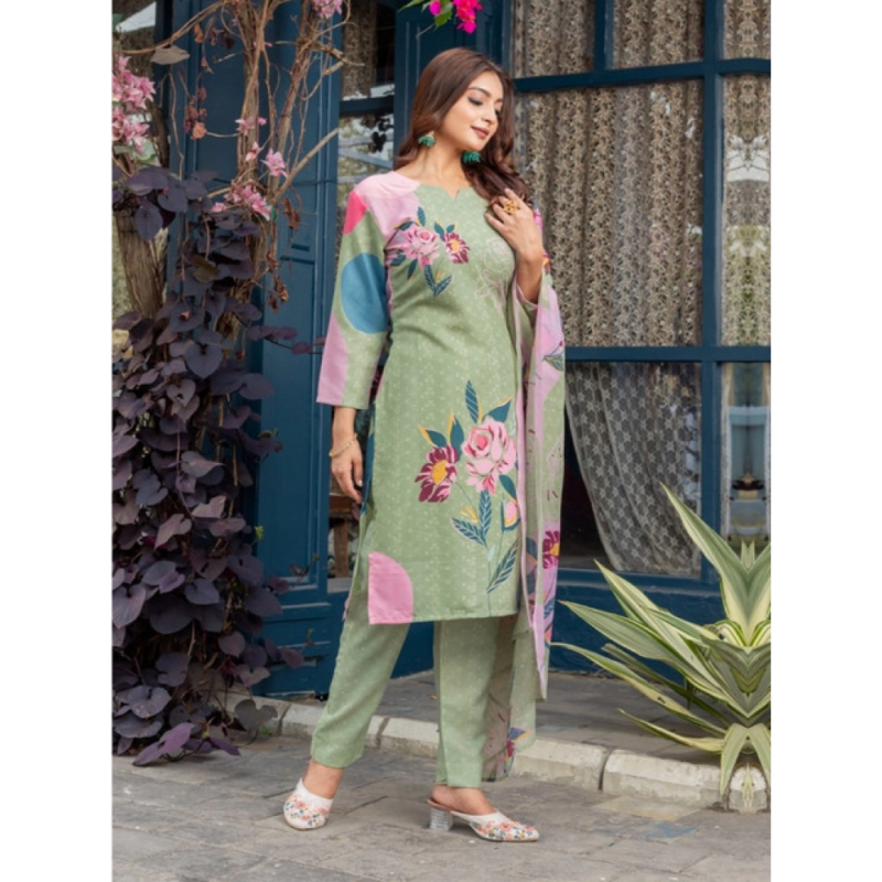 Generic Women's Cotton Blend Printed Kurti With Pant Dupatta Set (Mehendi) - Image 4