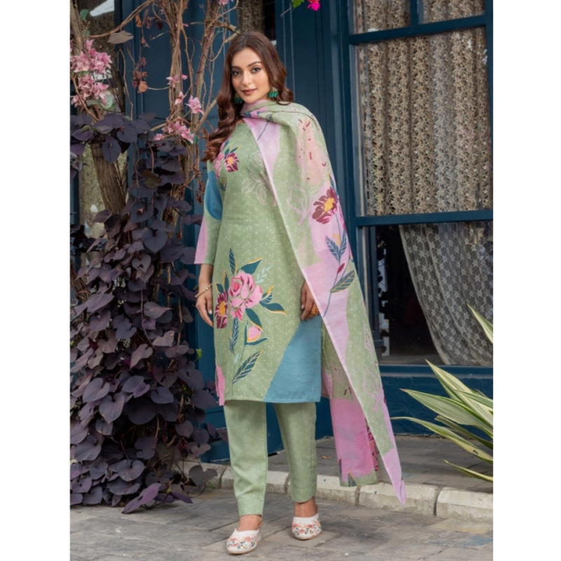 Generic Women's Cotton Blend Printed Kurti With Pant Dupatta Set (Mehendi) - Image 5