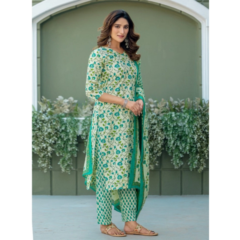 Generic Women's Cotton Blend Printed Kurti With Pant Dupatta Set (Pista) - Image 3