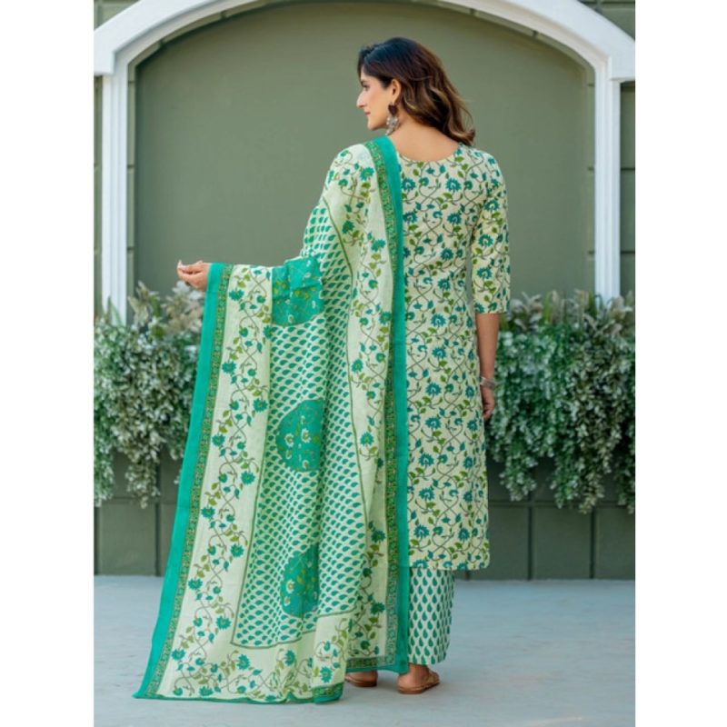 Generic Women's Cotton Blend Printed Kurti With Pant Dupatta Set (Pista) - Image 4
