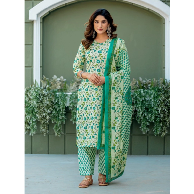 Generic Women's Cotton Blend Printed Kurti With Pant Dupatta Set (Pista) - Image 5