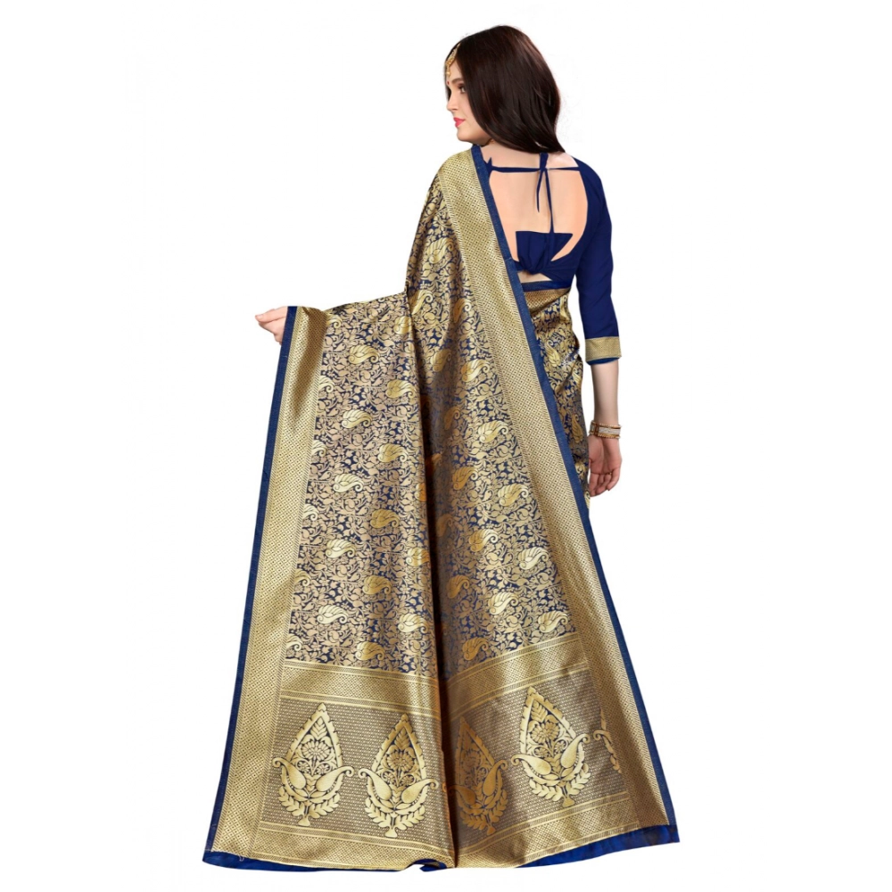 Generic Women's Banarasi silk Saree with Blouse (Navy blue, 5-6mtr) - Image 2