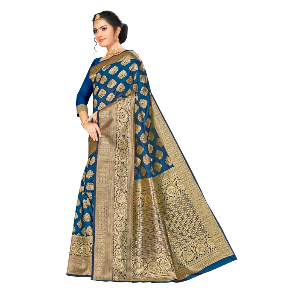Generic Women's Banarasi silk Saree with Blouse (Navy blue, 5-6mtr) - Image 3