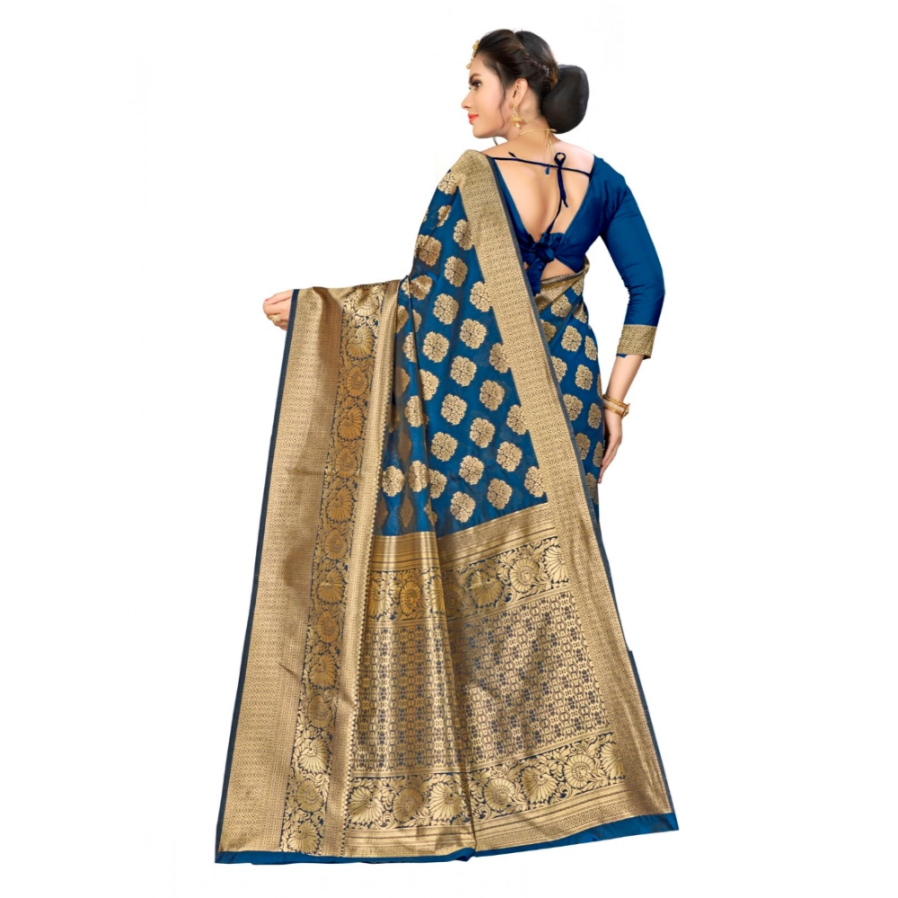 Generic Women's Banarasi silk Saree with Blouse (Navy blue, 5-6mtr) - Image 2