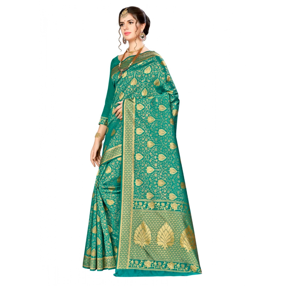 Generic Women's Banarasi silk Saree with Blouse (Green, 5-6mtr) - Image 3