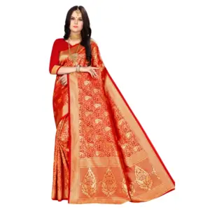 Generic Women's Banarasi silk Saree with Blouse (Red, 5-6mtr)