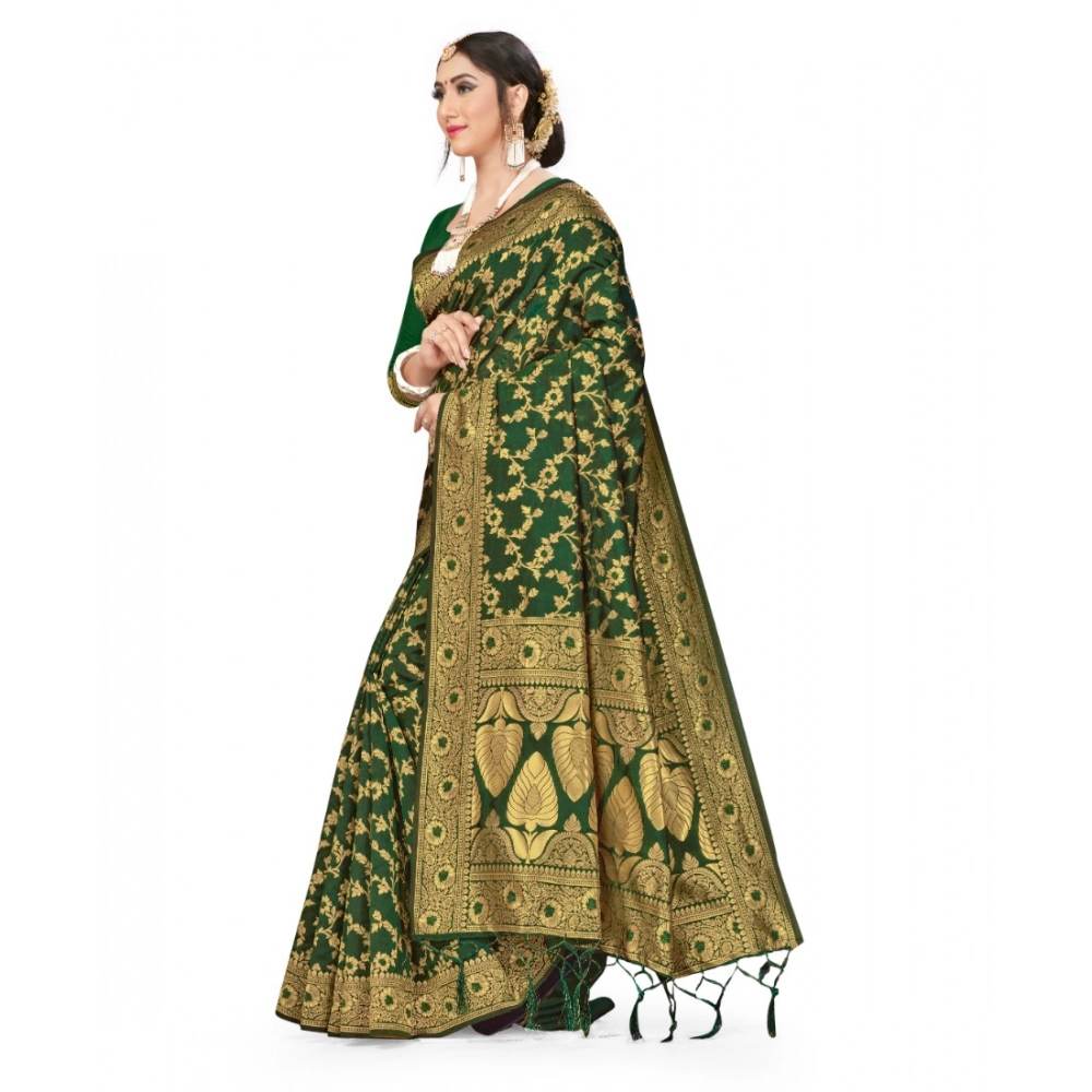 Generic Women's Banarasi Silk Saree With Blouse (Green, 5-6Mtrs) - Image 3