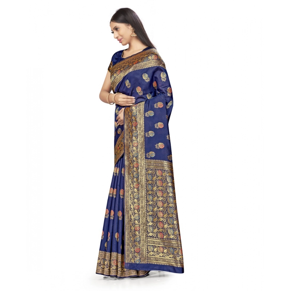 Generic Women's Banarasi Silk Saree With Blouse (Navy Blue, 5-6Mtrs) - Image 3
