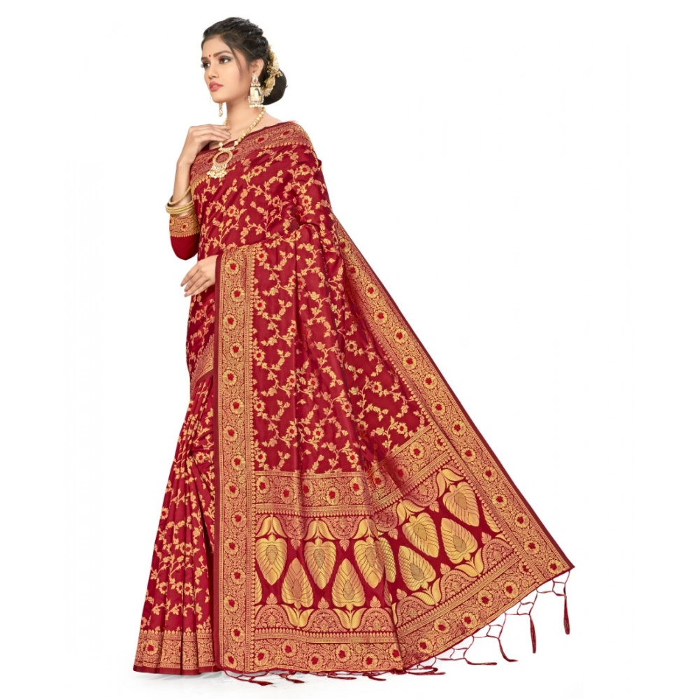Generic Women's Banarasi Silk Saree With Blouse (Maroon, 5-6Mtrs) - Image 3