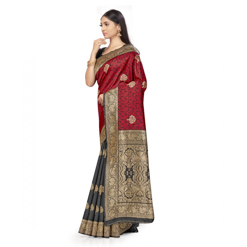 Generic Women's Banarasi Silk Saree With Blouse (Black, Red, 5-6Mtrs) - Image 4