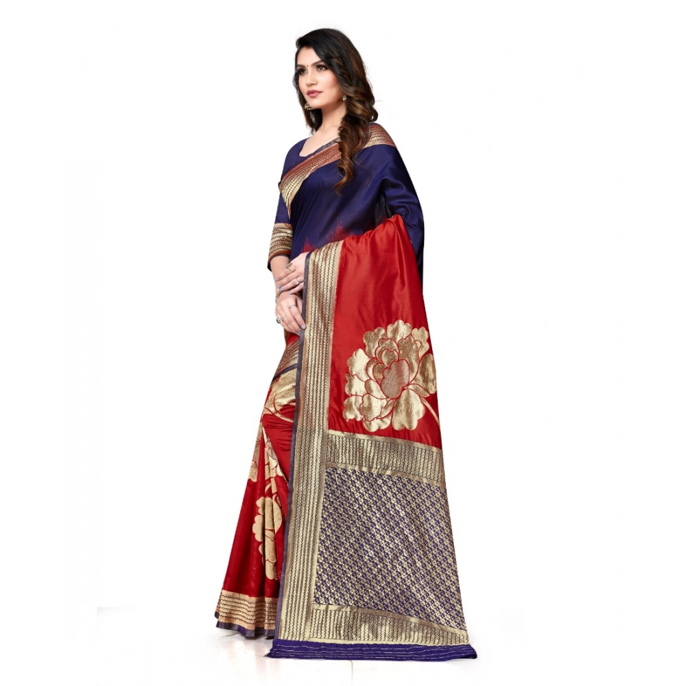 Generic Women's Banarasi Silk Saree With Blouse (Navy Blue, Red, 5-6Mtrs) - Image 4