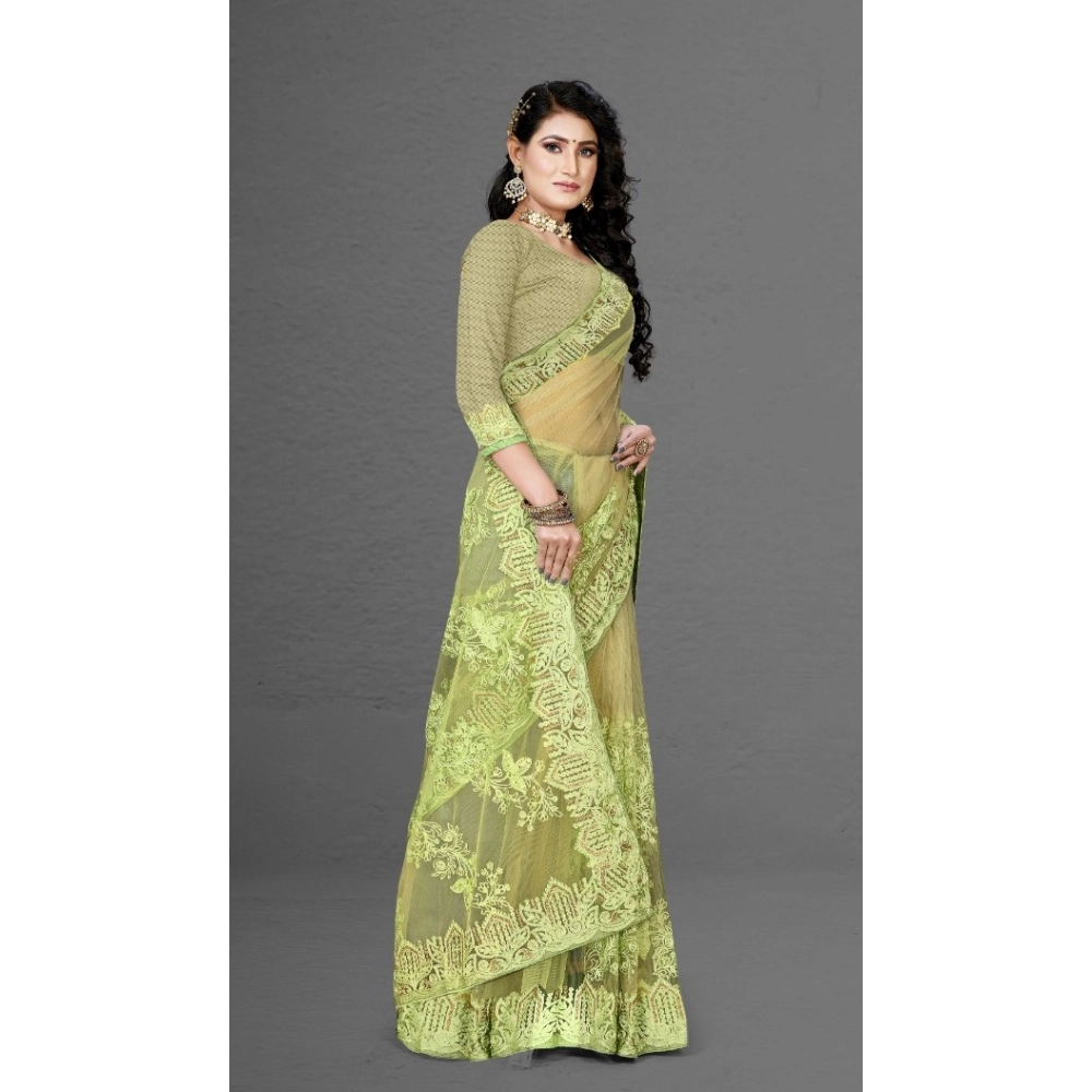 Generic Women's Net Saree With Blouse (Pista Green, 5-6Mtrs) - Image 3