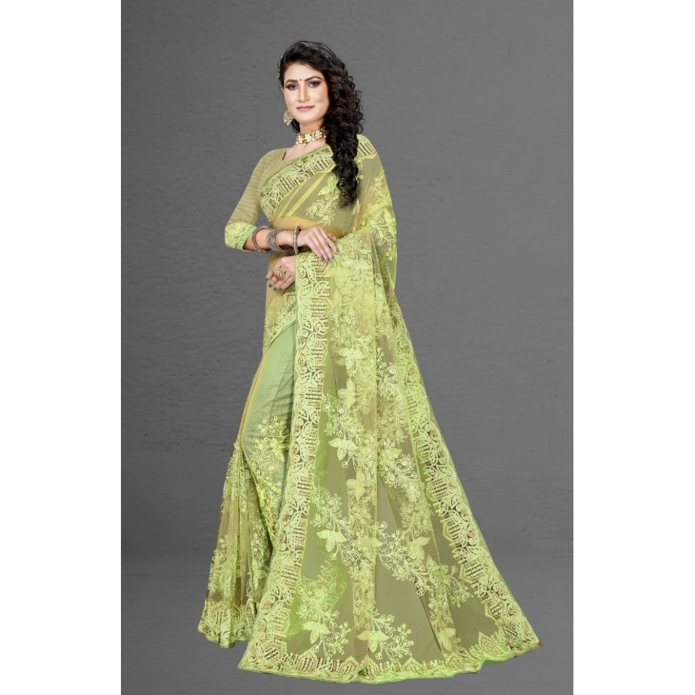 Generic Women's Net Saree With Blouse (Pista Green, 5-6Mtrs) - Image 4
