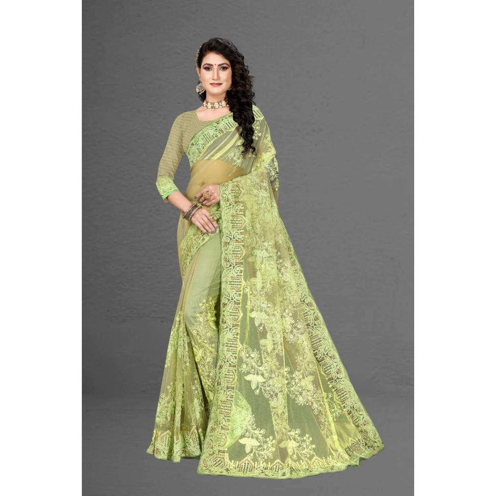Generic Women's Net Saree With Blouse (Pista Green, 5-6Mtrs) - Image 5