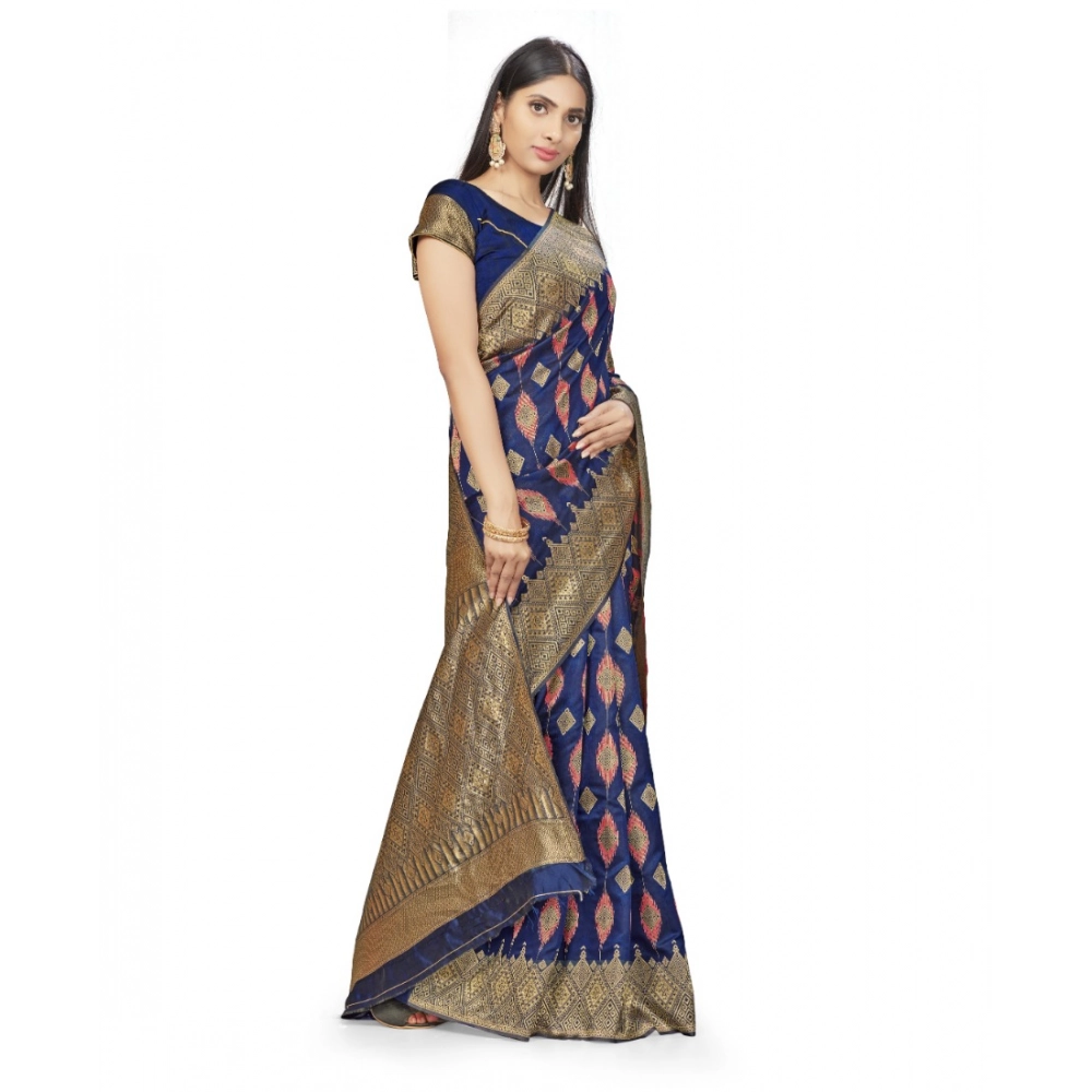 Generic Women's Banarasi Silk Saree With Blouse (Navy Blue, 5-6Mtrs) - Image 2