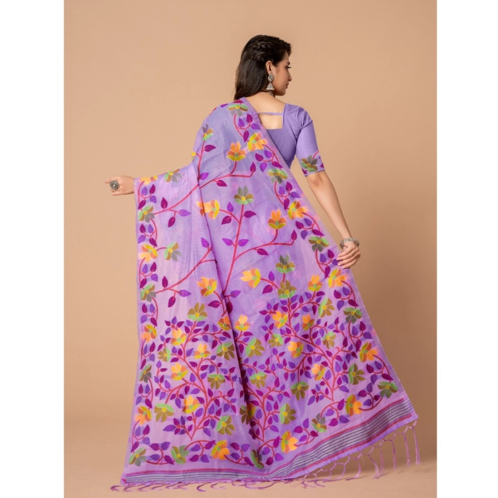 Generic Women's Cotton Printed Saree With Unstitched Blouse (Lavender, 5-6 Mtrs) - Image 3