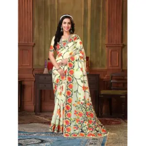 Generic Women's Organza Printed Saree With Unstitched Blouse (White, 5-6 Mtrs)