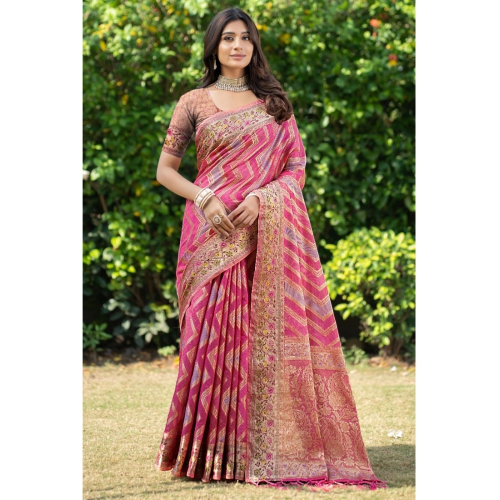 Generic Women's Organza Printed Saree With Unstitched Blouse (Pink, 5-6 Mtrs)
