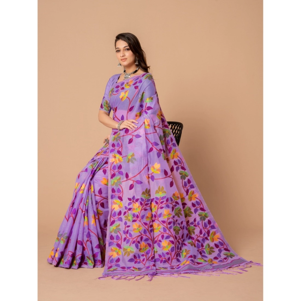 Generic Women's Cotton Printed Saree With Unstitched Blouse (Lavender, 5-6 Mtrs) - Image 4