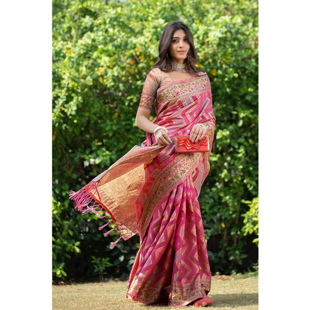Generic Women's Organza Printed Saree With Unstitched Blouse (Pink, 5-6 Mtrs) - Image 2