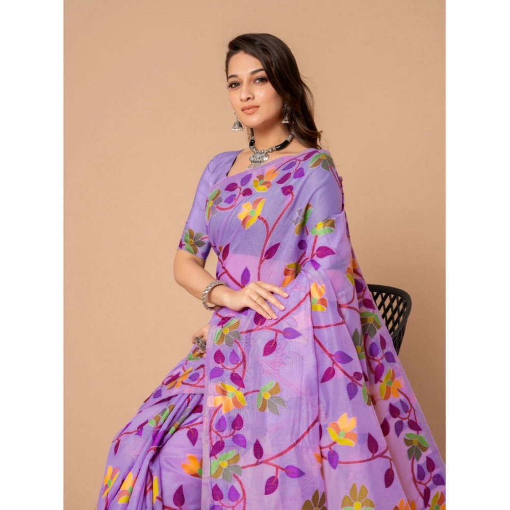 Generic Women's Cotton Printed Saree With Unstitched Blouse (Lavender, 5-6 Mtrs) - Image 5