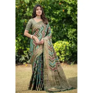 Generic Women's Organza Printed Saree With Unstitched Blouse (Green, 5-6 Mtrs)