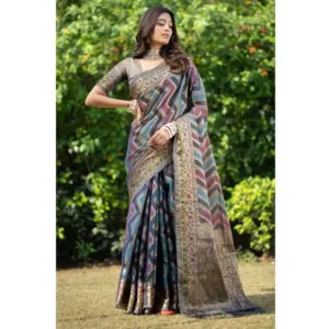 Generic Women's Organza Printed Saree With Unstitched Blouse (Teal, 5-6 Mtrs)