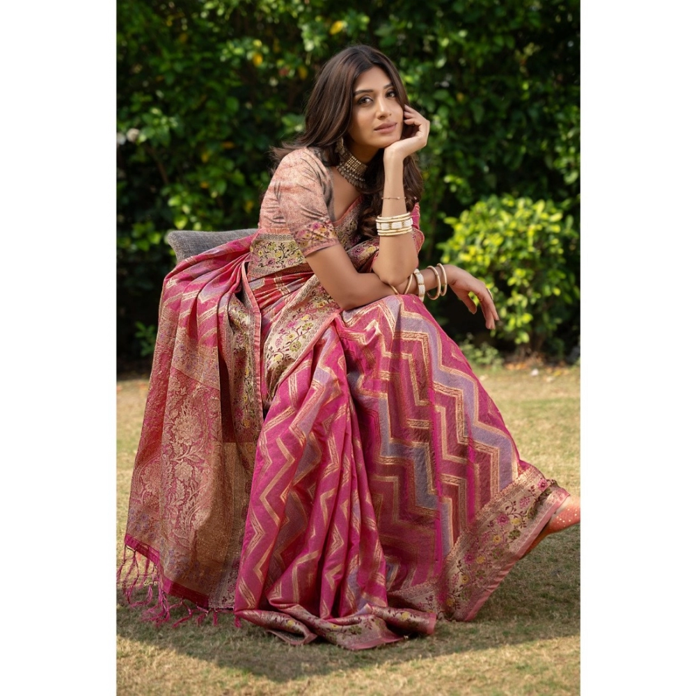 Generic Women's Organza Printed Saree With Unstitched Blouse (Pink, 5-6 Mtrs) - Image 3